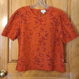 Nicole Miller Artelier Shirt Women's Small Orange 100% Cotton Eyelet Lightweight